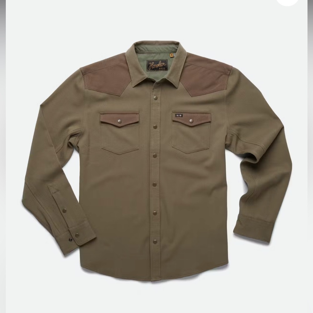 HOWLER BROTHERS Stockman Stretch Snapshirt in Dusky Green/Teak -size small